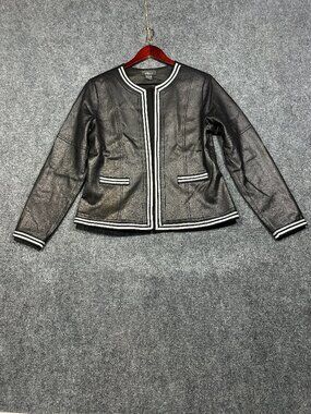 Pure Amici Jacket Womens Medium 1 Hook Black Silver Metallic Trim Faux Pockets